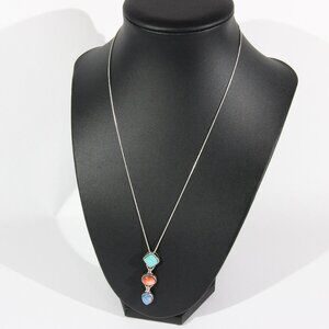Sterling Silver Turquoise, Lapis & Coral Pendant & Sterling Silver Necklace